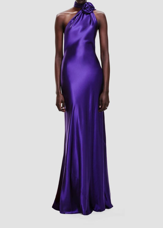 Panue Satin Wrap Halter Gown With Flower In Purple