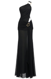 Galeon One Shoulder Draped A Line Maxi Dress In Black