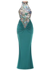 Kyxara Halter Floral Sequin Embroidered Maxi Dress In Green