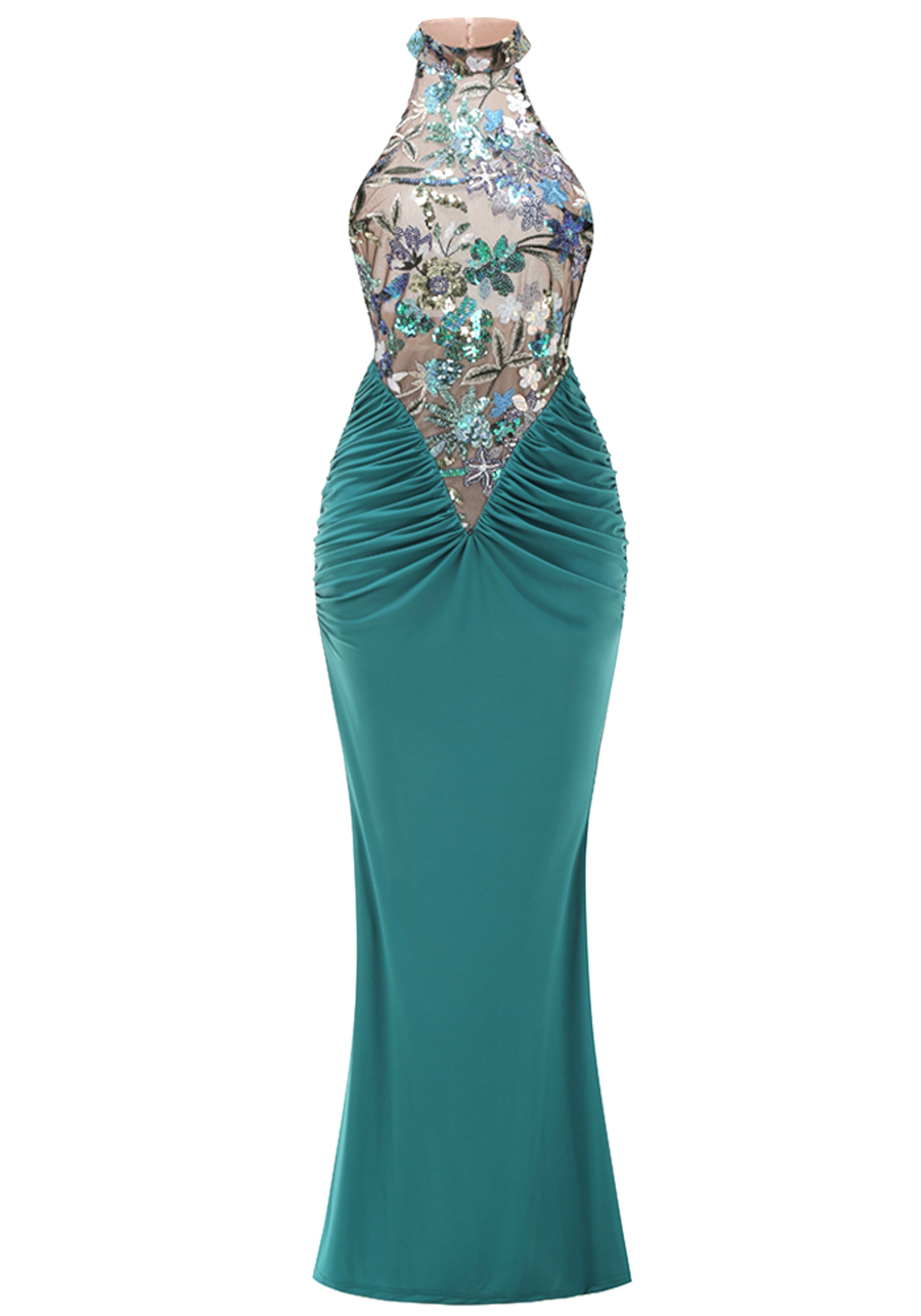 Kyxara Halter Floral Sequin Embroidered Maxi Dress In Green