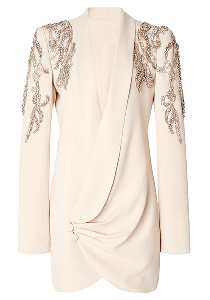 Katrina Long Sleeve Crystal Draped Blazer Dress In Ivory