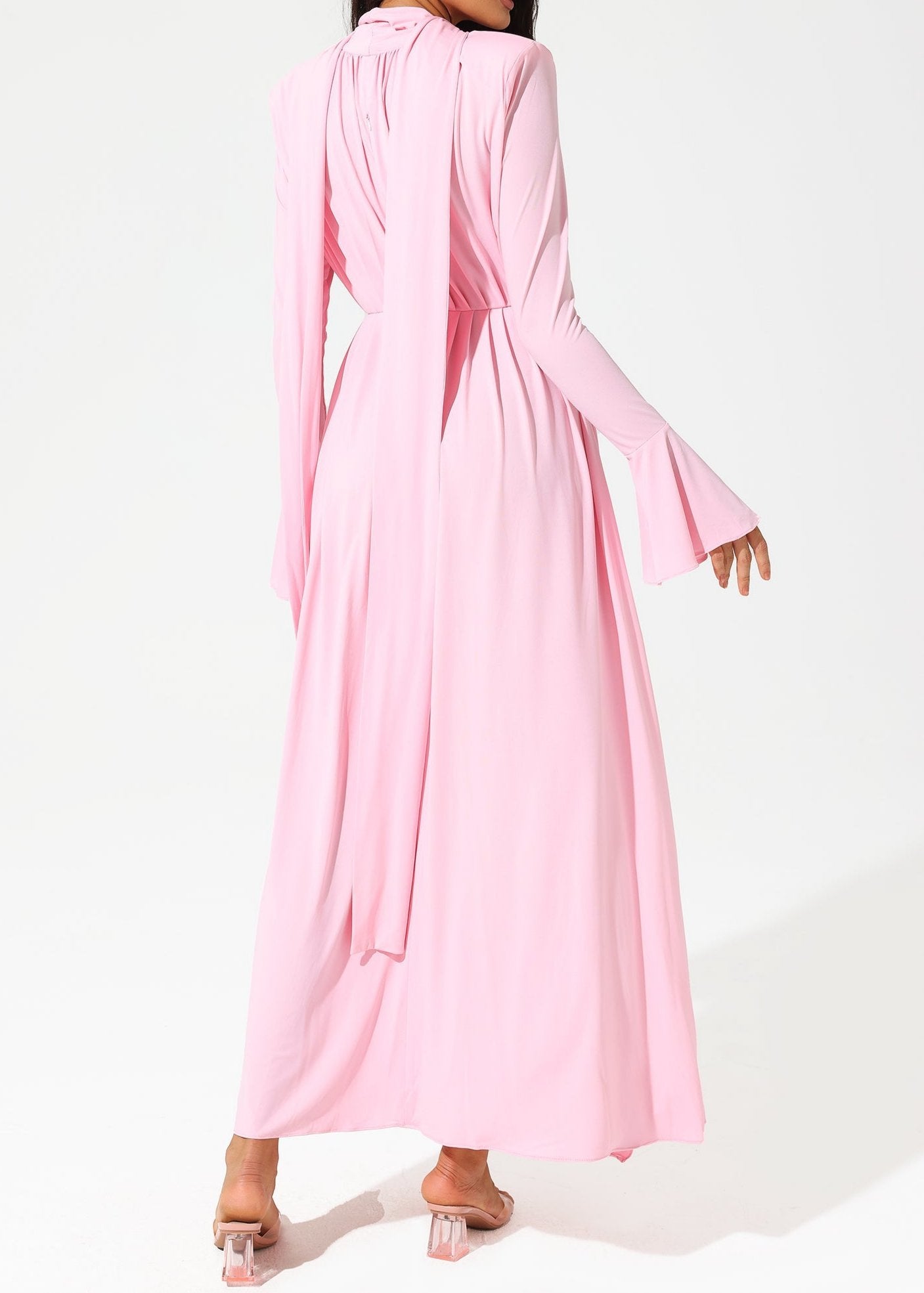 Abelia Lantern Sleeve High Collar Flower Slit Midi Dress In Pink