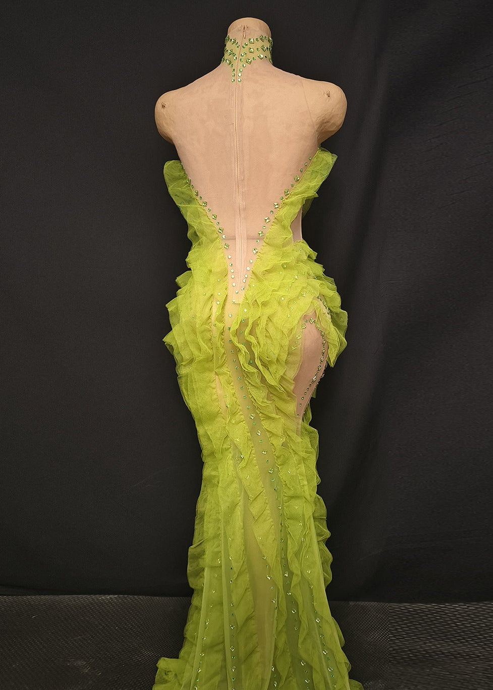 Elvynx High Neck Rhinestone Ruffle Maxi Dress