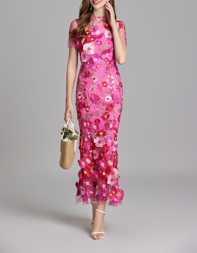 Chesley Floral Embroidery Mesh Fishtail Midi Dress In Pink