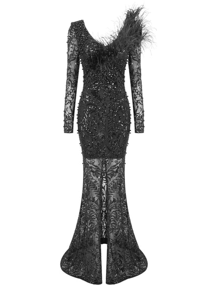 Eorkonweald Long Sleeve Feather Detail Sequin Maxi Dress In Black