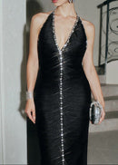 Rogue Halter Crystal Tassel Midi Dress In Black