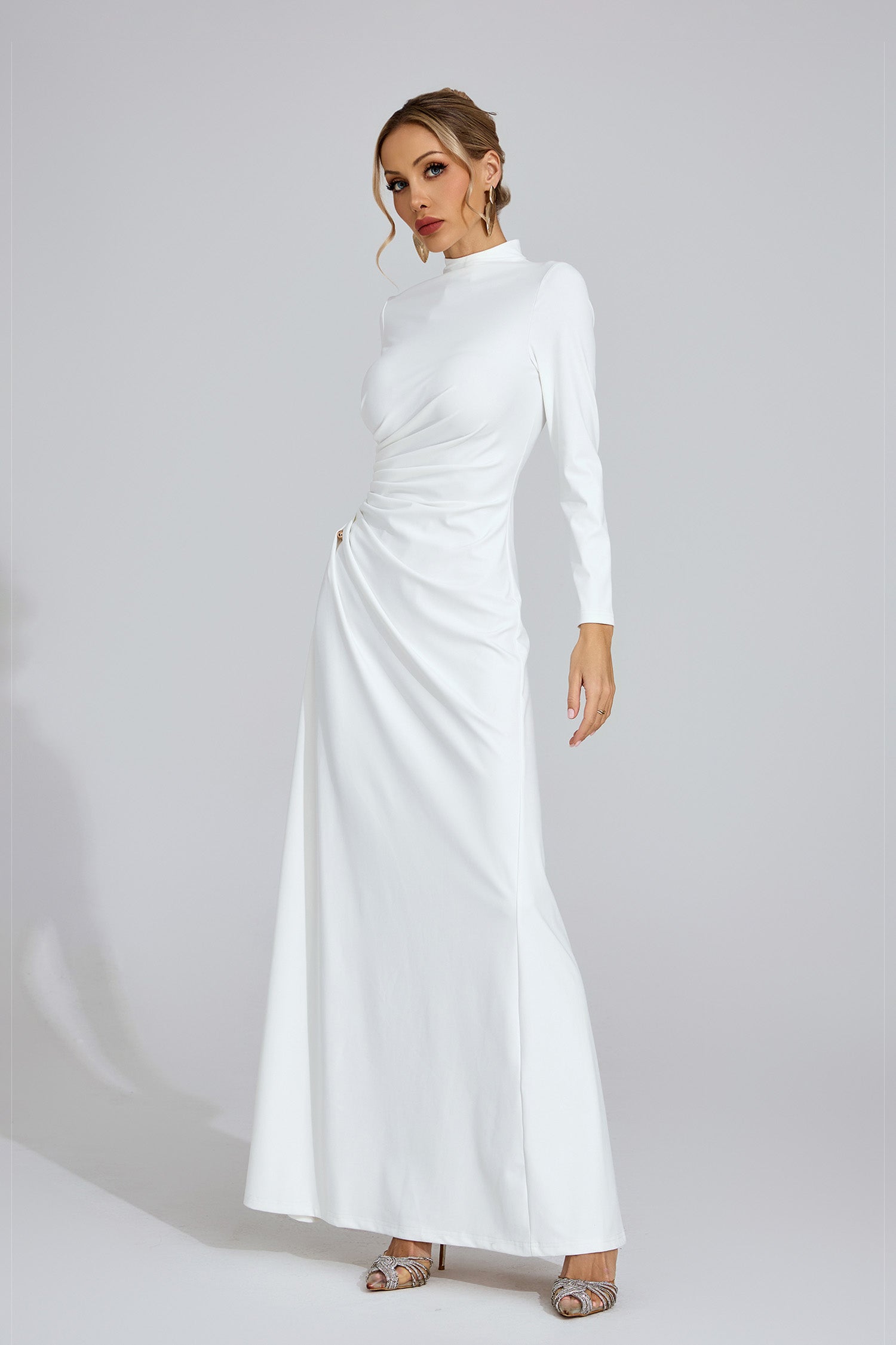 Calyx Long Sleeves Draped Detail Maxi Dress In White