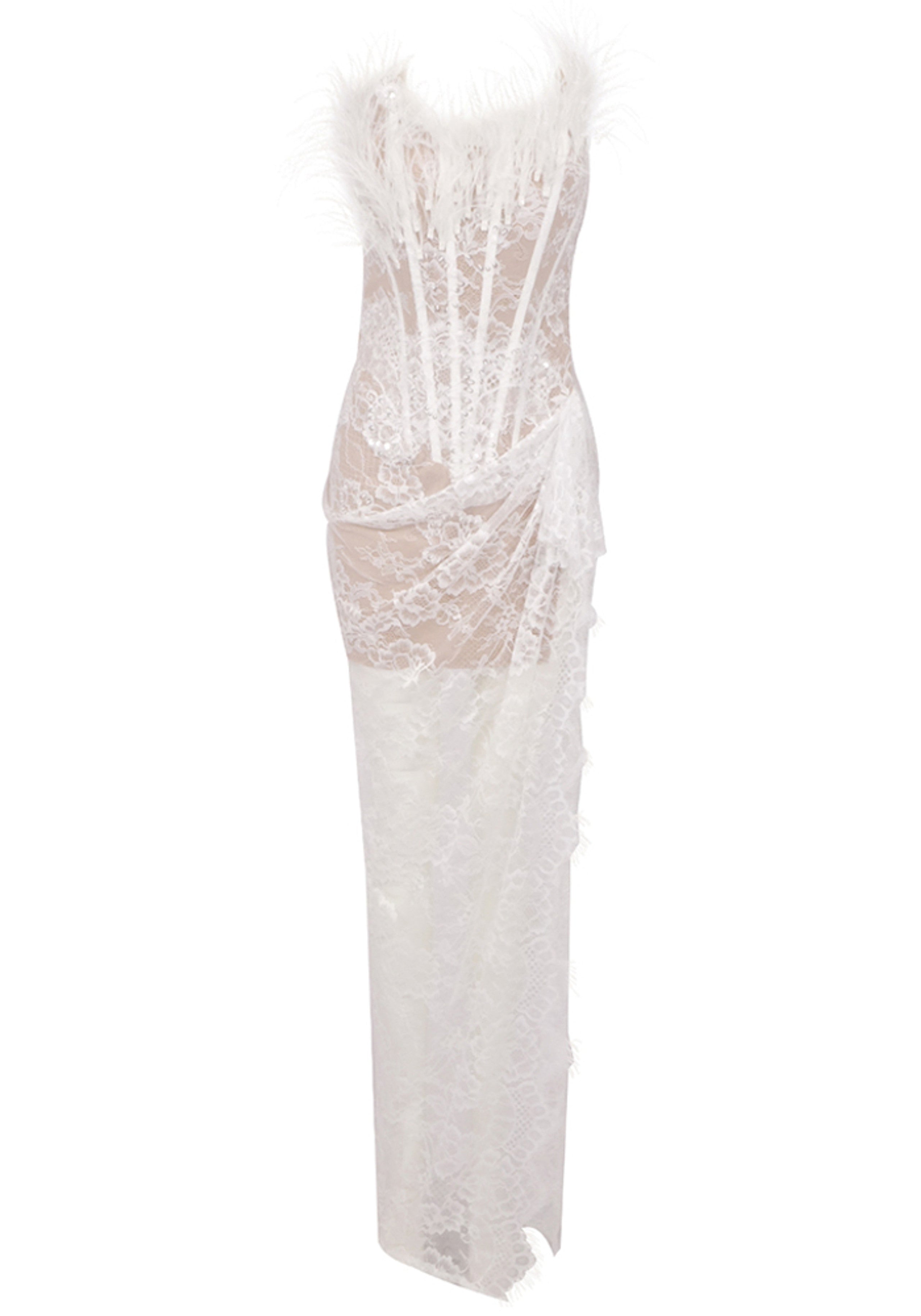 Caysie Strapless Feather Lace Corset Maxi Dress In White