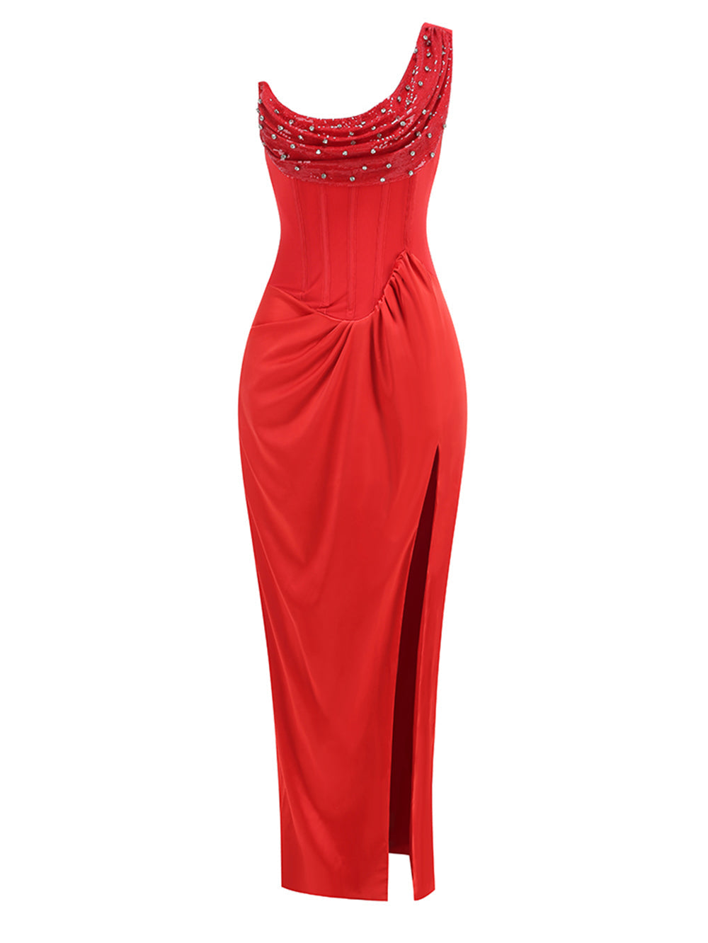 Ruairi One-Shoulder Crystal Detail High Slit Maxi Dress In Red