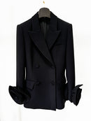 Pomeline Double-Breasted Wool Jacket With Floral Appliqué In Black