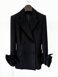 Pomeline Double-Breasted Wool Jacket With Floral Appliqué In Black