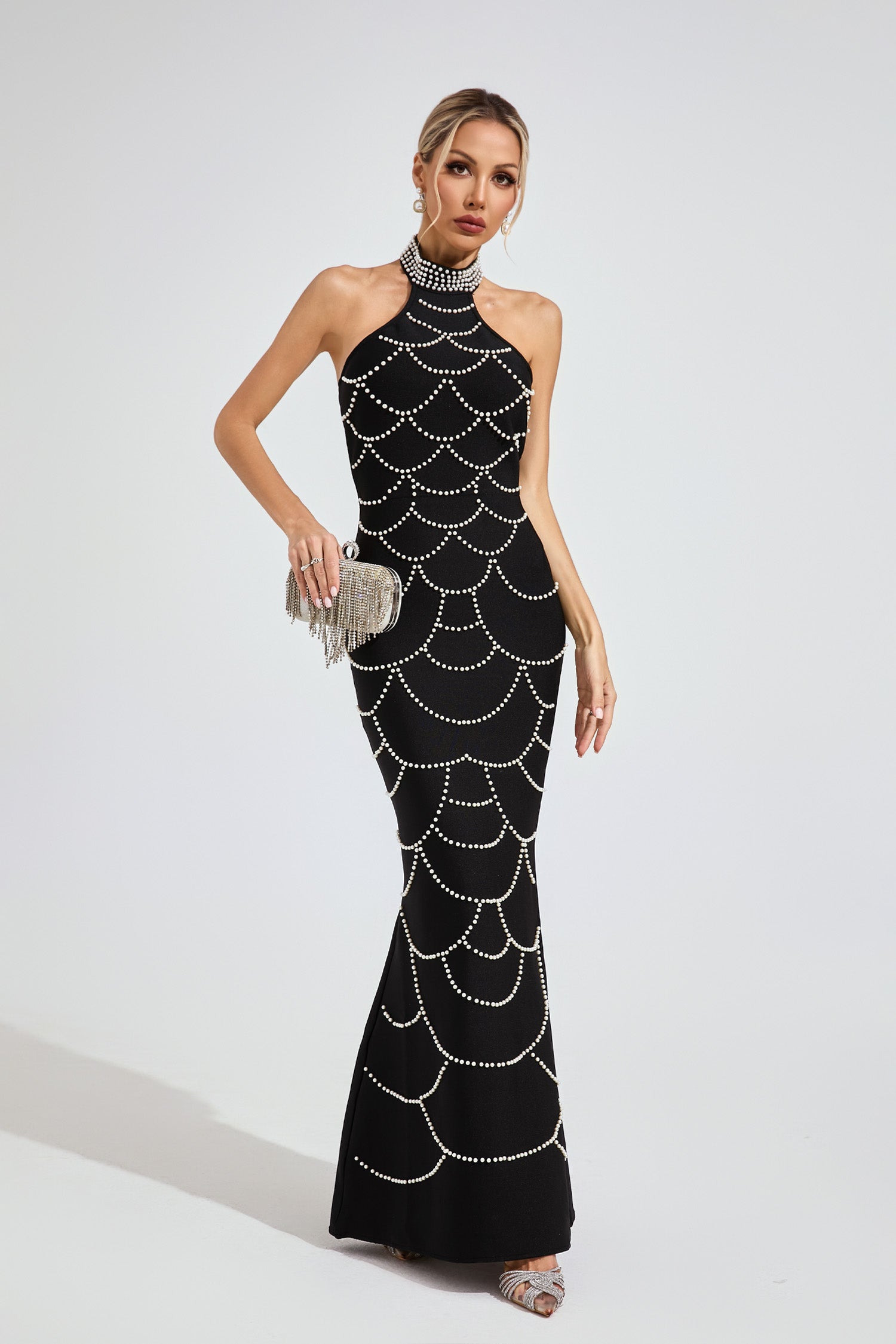 Malati Pearl Halter Bandage Maxi Dress In Black