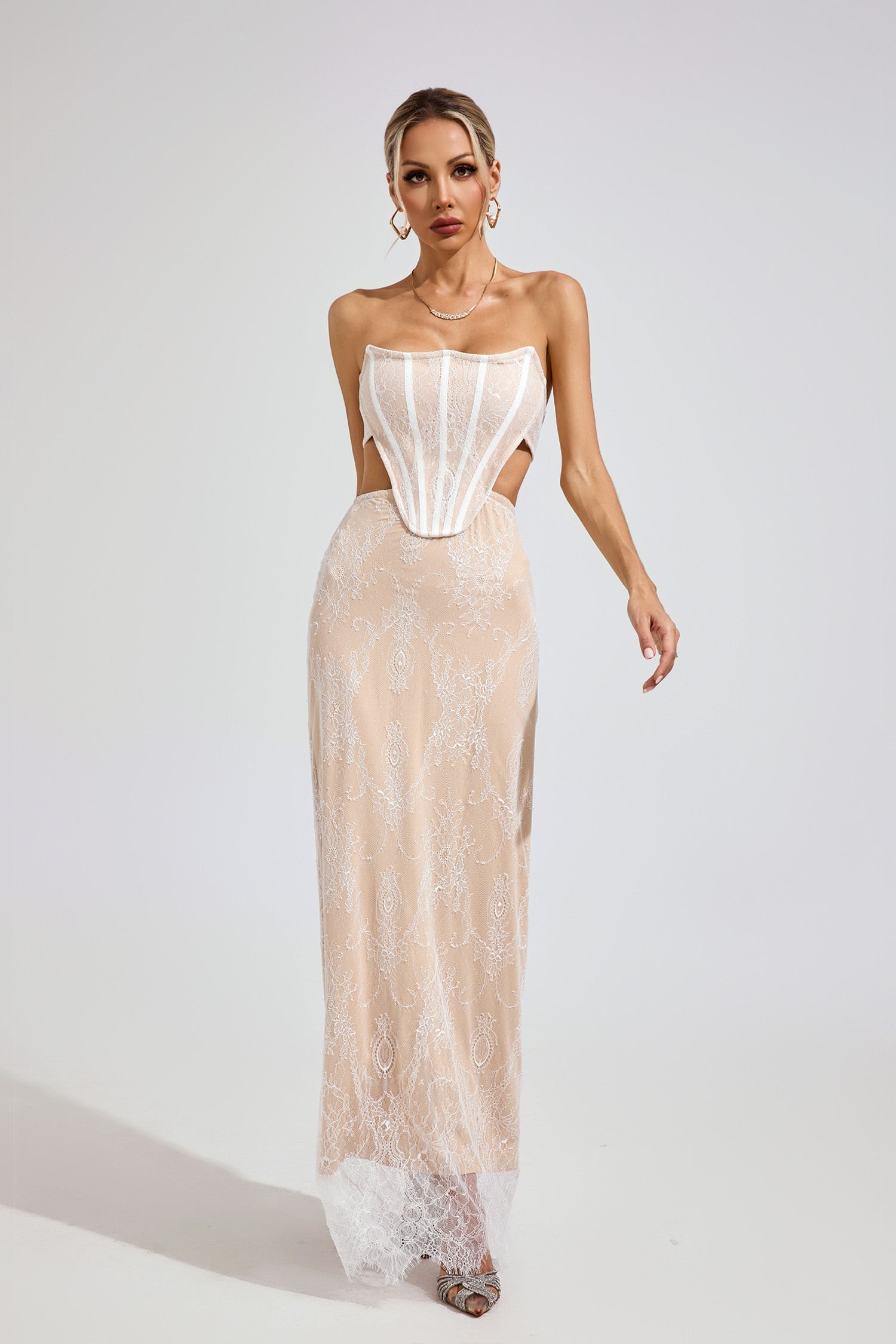Eldritar Lace Off-Shoulder Maxi Dress In Apricot