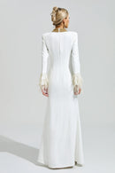 Oxiren White Collar Feather Maxi Dress