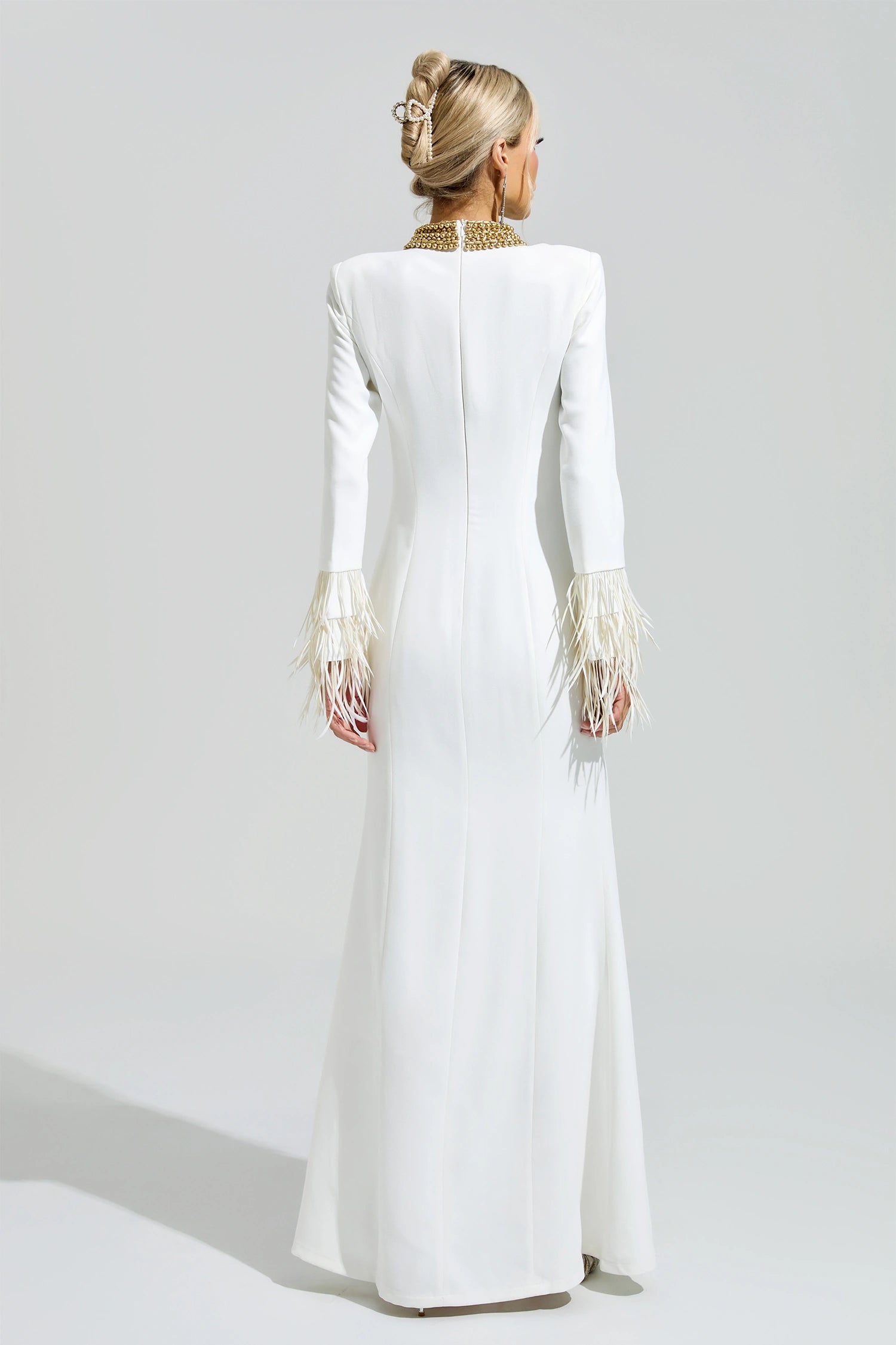 Oxiren White Collar Feather Maxi Dress