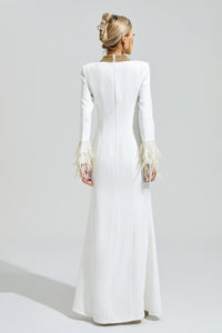 Oxiren White Collar Feather Maxi Dress