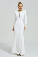 Oxiren White Collar Feather Maxi Dress
