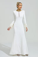 Oxiren White Collar Feather Maxi Dress