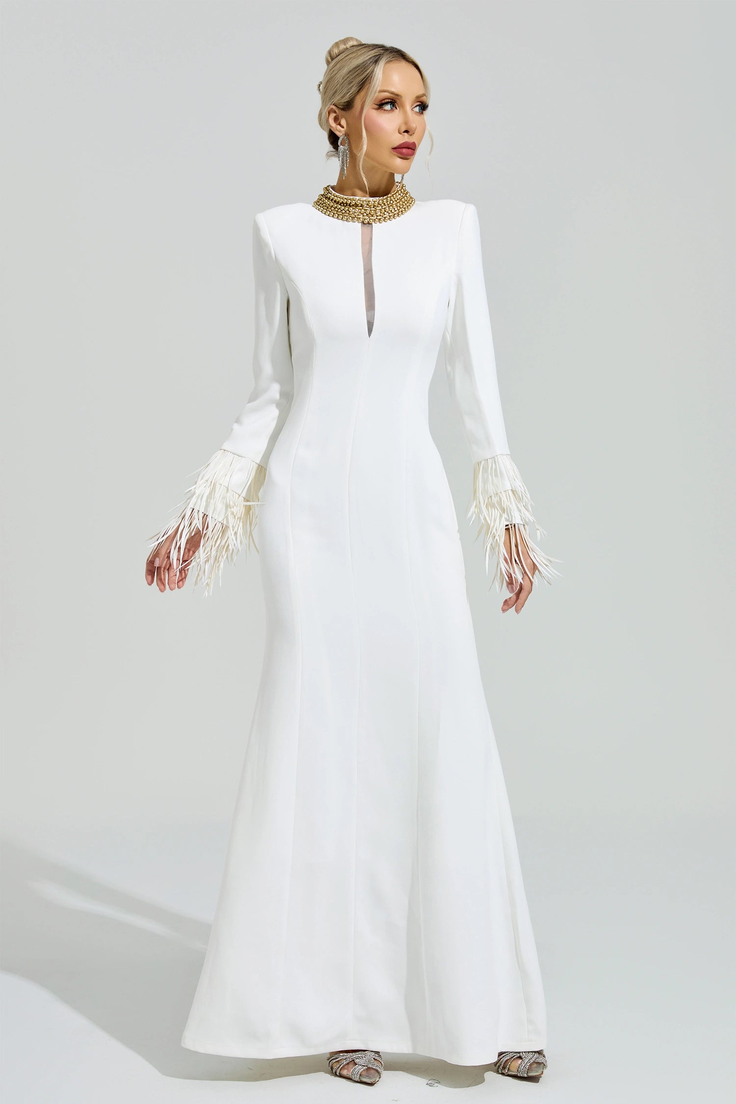 Oxiren White Collar Feather Maxi Dress