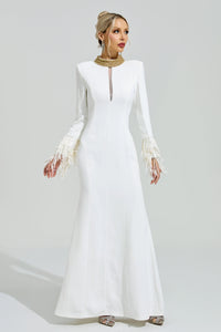 Oxiren White Collar Feather Maxi Dress