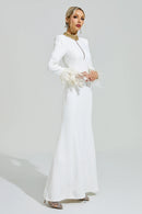 Oxiren White Collar Feather Maxi Dress