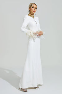 Oxiren White Collar Feather Maxi Dress