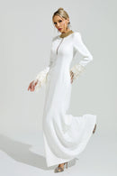 Oxiren White Collar Feather Maxi Dress