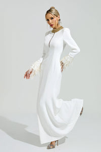 Oxiren White Collar Feather Maxi Dress