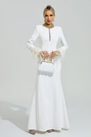 Oxiren White Collar Feather Maxi Dress