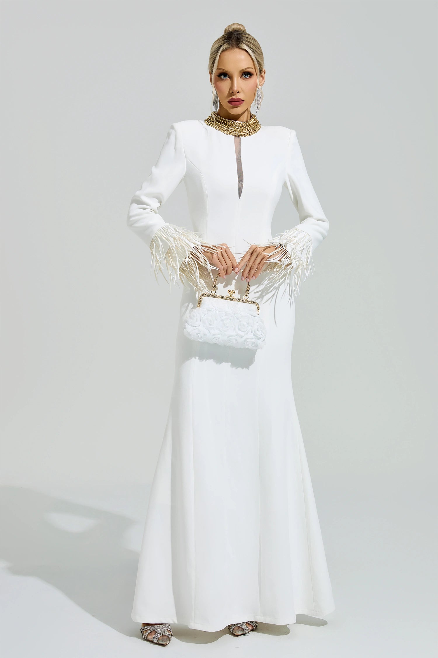 Oxiren White Collar Feather Maxi Dress