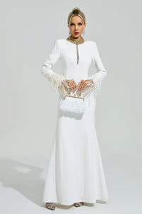 Oxiren White Collar Feather Maxi Dress