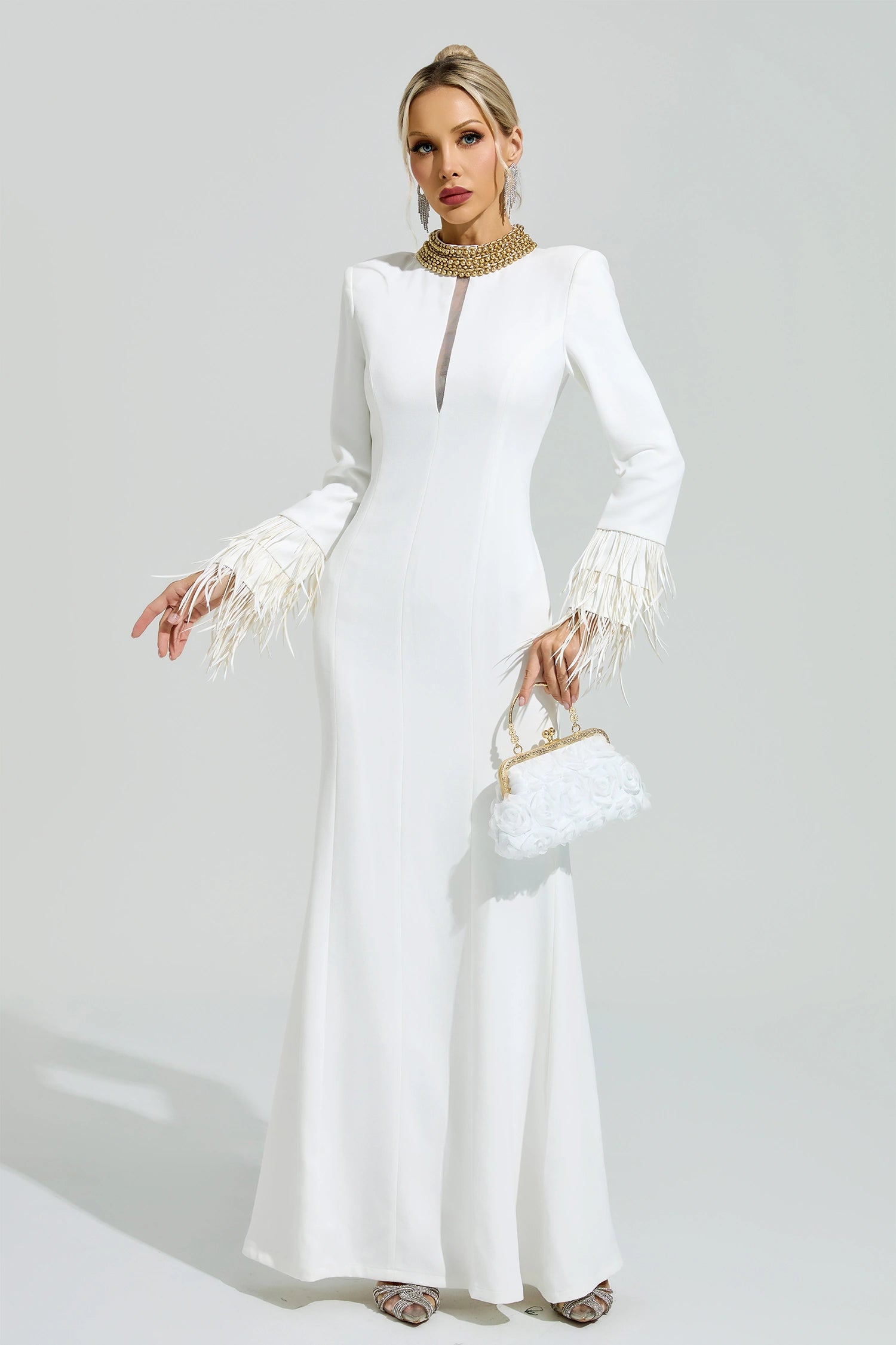 Oxiren White Collar Feather Maxi Dress