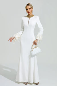 Oxiren White Collar Feather Maxi Dress