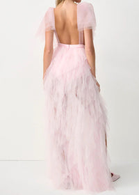 Balthion Lace insert Mesh Ruffle Maxi Dress In Pink