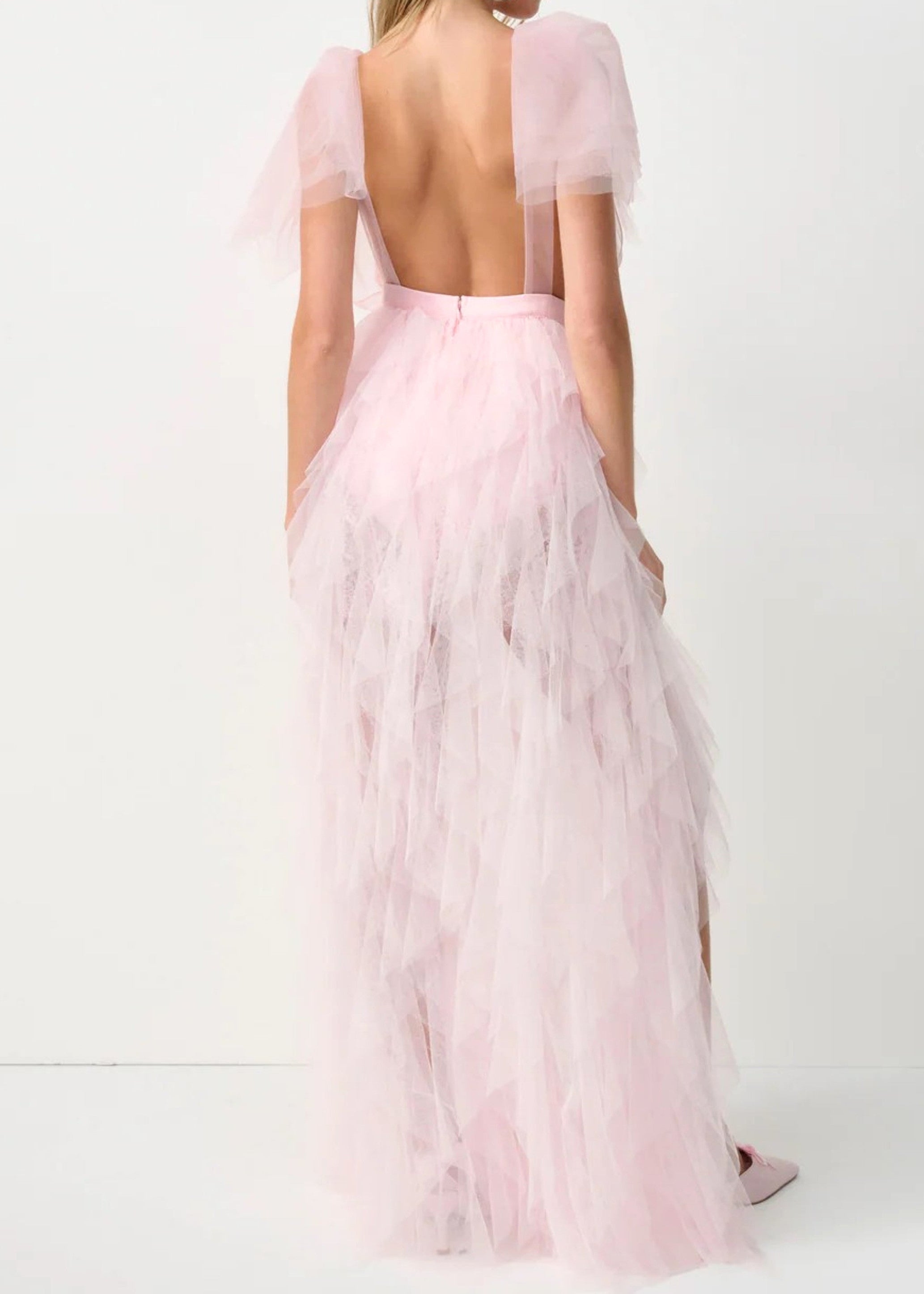 Balthion Lace insert Mesh Ruffle Maxi Dress In Pink