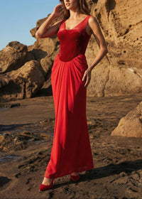 Cazmir Velvet Bustier Draped Maxi Dress In Red