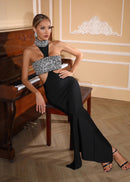 Icephor Halter Crystal Bustier Maxi Dress In Black