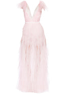Balthion Lace insert Mesh Ruffle Maxi Dress In Pink