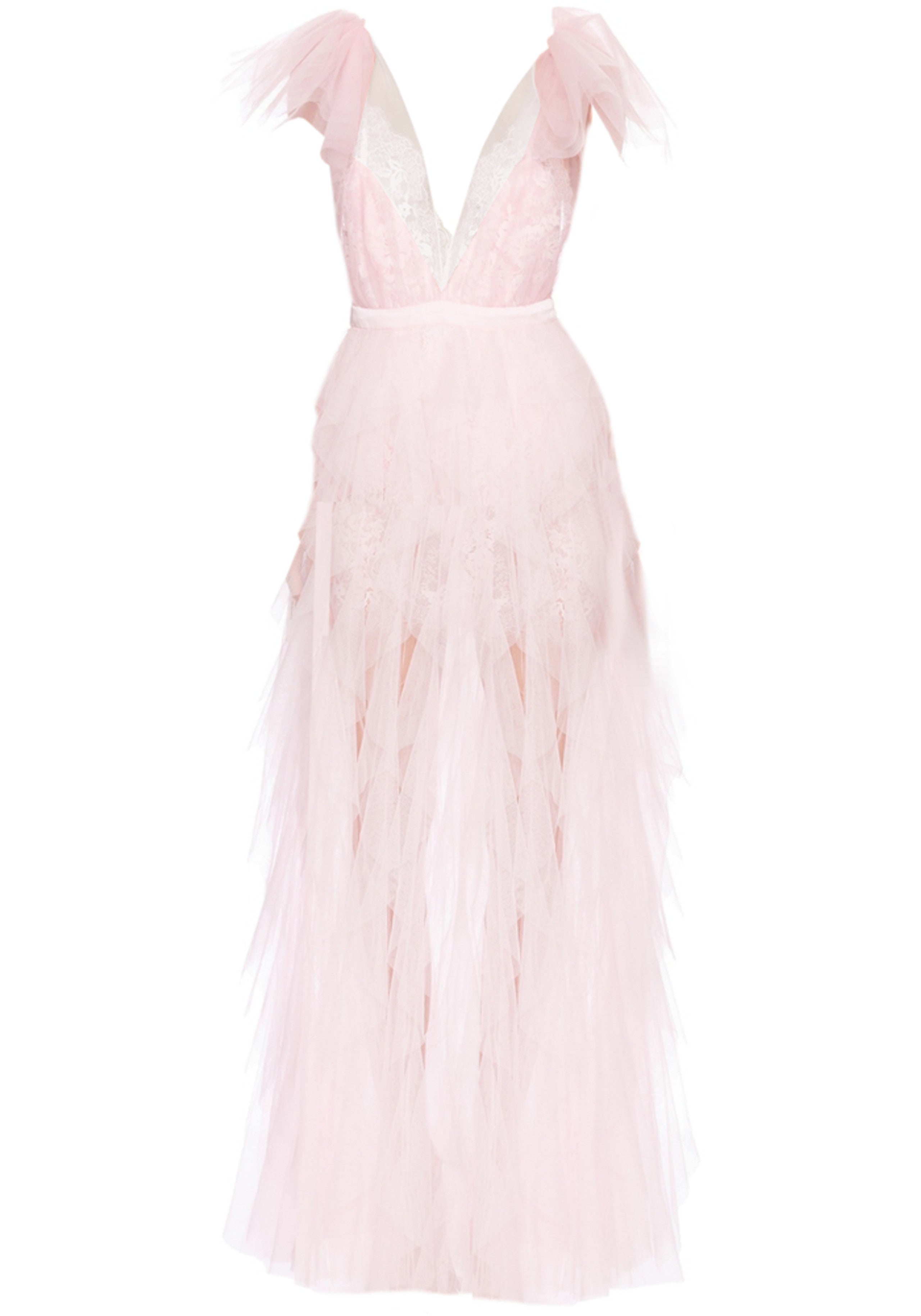 Balthion Lace insert Mesh Ruffle Maxi Dress In Pink