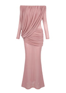 Cryxel Off-Shoulder Draped Mesh Maxi Dress In Pink
