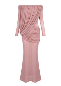 Cryxel Off-Shoulder Draped Mesh Maxi Dress In Pink