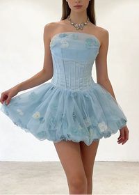 Alviva Strapless Floral Corset Bubble Mini Dress In Blue