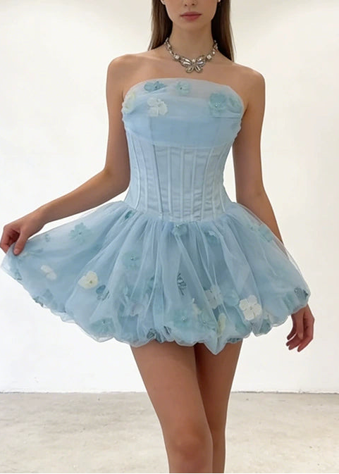 Alviva Strapless Floral Corset Bubble Mini Dress In Blue