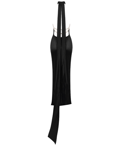 Halcyon Satin Belt Backless Pearl Embellished Maxi Dress In Black