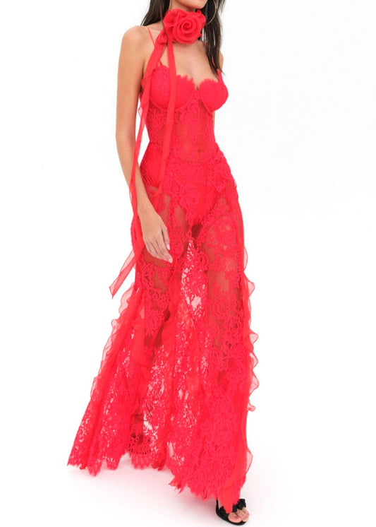 Eadward Floral Lace Bustier A Line Maxi Dress In Red