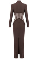 Jaelthis Long Sleeve Structured Mesh Maxi Dress In Brown
