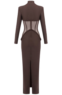 Jaelthis Long Sleeve Structured Mesh Maxi Dress In Brown
