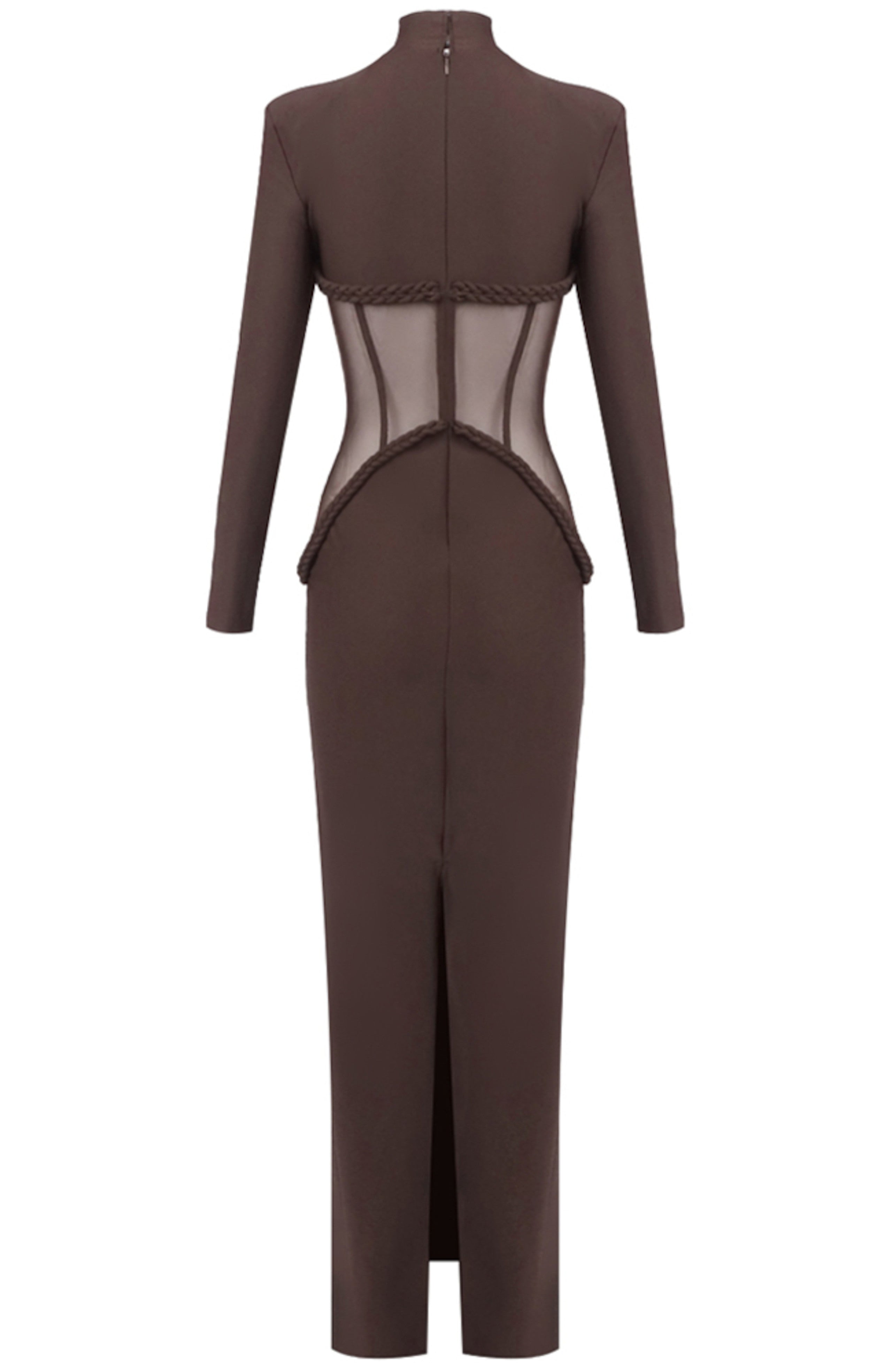 Jaelthis Long Sleeve Structured Mesh Maxi Dress In Brown