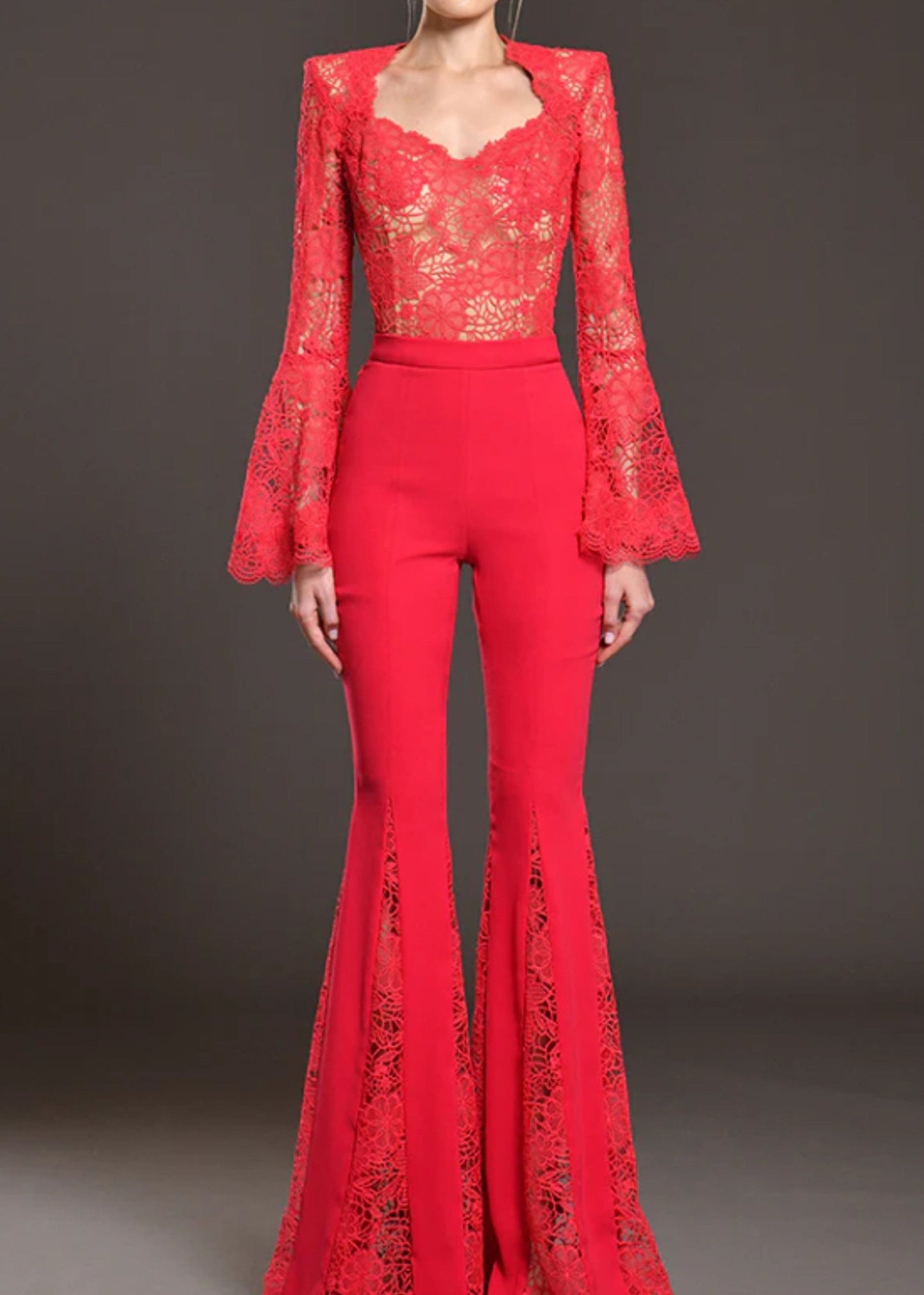 Jester Long Sleeve Crochet Two Piece Jumpsuit In Red