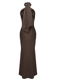 Lithany Halter Ruched Maxi Dress In Brown